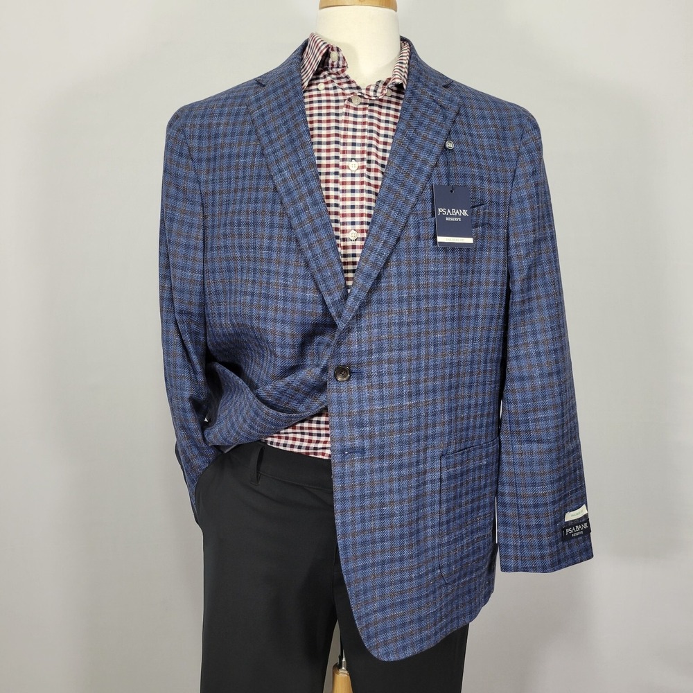 JOS A BANK Mens Sport Coat Cotton Wool Silk‎ Linen Navy Brown Checked 48R NEW